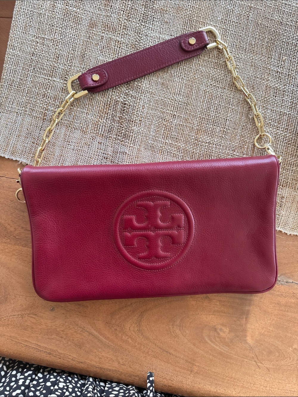 Tory Burch Wine Red Leather Shoulder Bag with Gold Chain